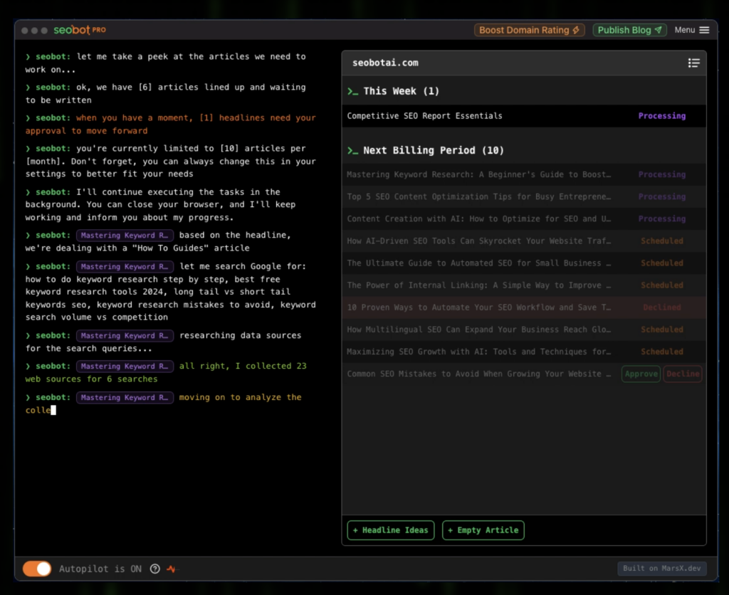SEObot AI: autonomous publishing workflows